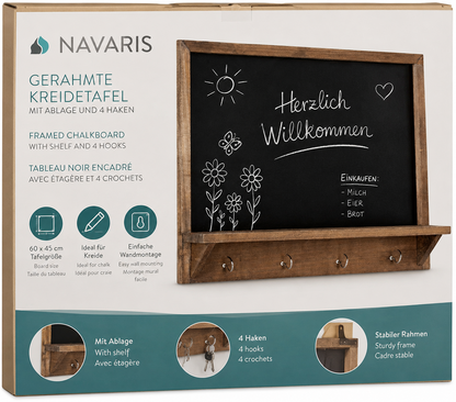 Navaris Kreidetafel 60x45cm Wandtafel Holzrahmen Ablage 4 Haken Memoboard P5
