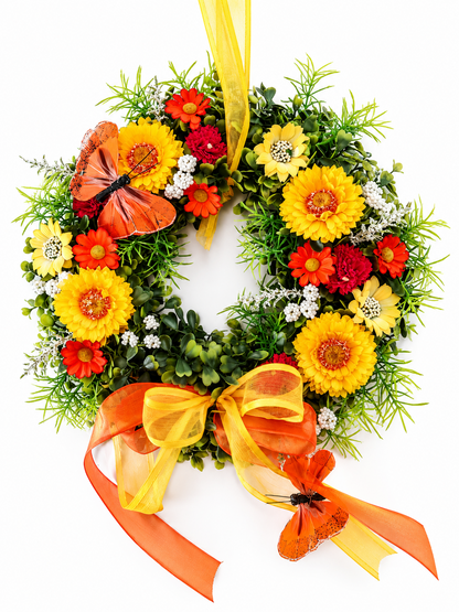 Osterkranz Türkranz mit 2 Hasen Orange Gelb Frühlingskranz Blumenkranz C3