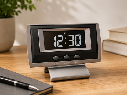 LCD Tischuhr Grau 11x8 cm Digitaluhr Wecker Schreibtischuhr Uhr Accessoire A9
