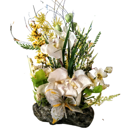 Kunstblumen Orchideen Gesteck auf Stein Weiß Gelb Grün Tischdeko ca. 42 cm B6