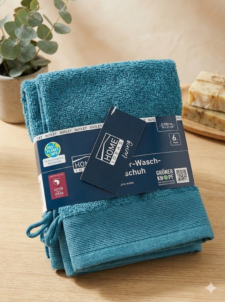 HOME IDEAS Living 6x Frottier Waschhandschuh 16x21 cm Baumwolle Petrol Türkis E4