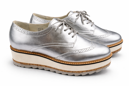 Bullboxer Damen Plateau Schnürschuhe Gr. 40 Silber Metallic Halbschuhe Brogue G2