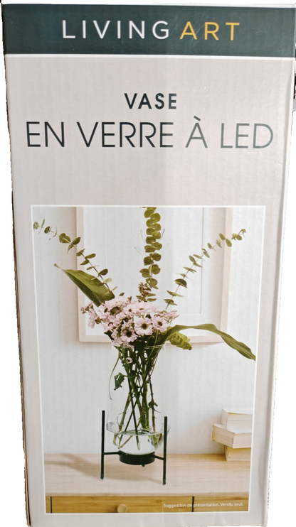 LIVING ART LED Glasvase 29cm Schwarz Metallständer Timer Deko Blumenvase HA33