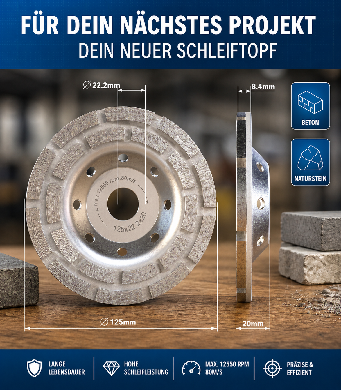 Diamant Schleiftopf 125mm Beton Schleifscheibe Frässcheibe Stein