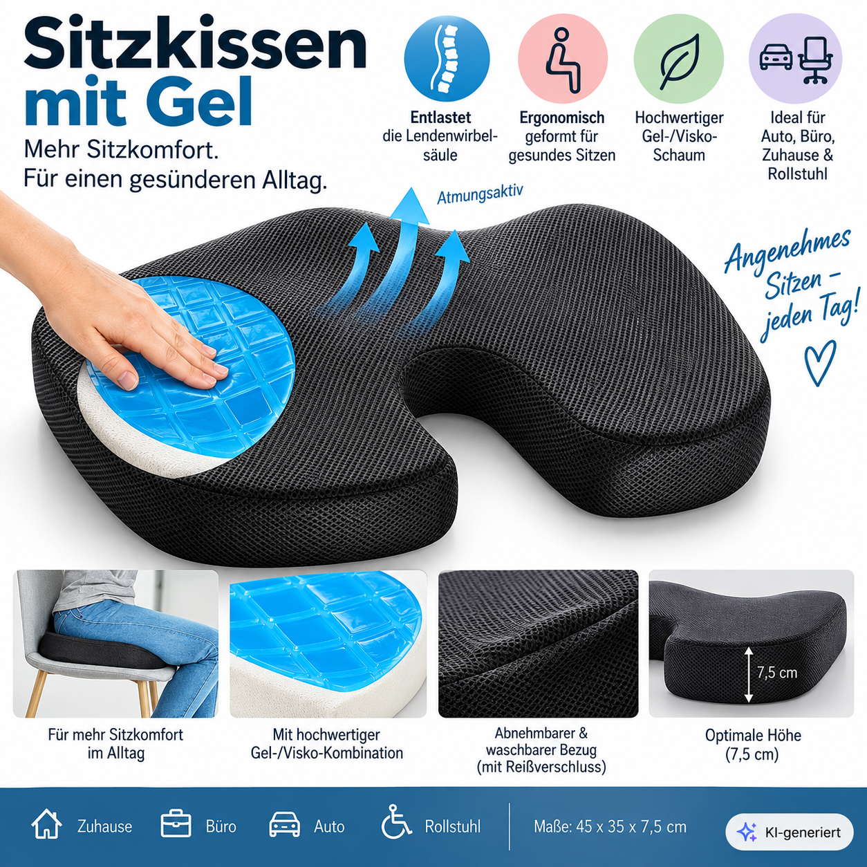 Weltbild Orbisana Gel Sitzkissen 45x35x7,5cm Memory Foam Steißbeinkissen HA30