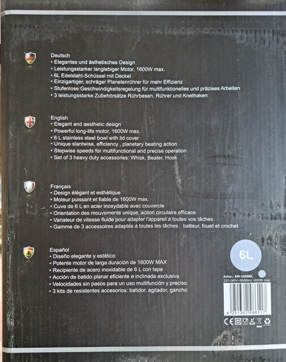 DMS KM - 1600 BL Große Küchenmaschine, 6 Liter, 1600 Watt