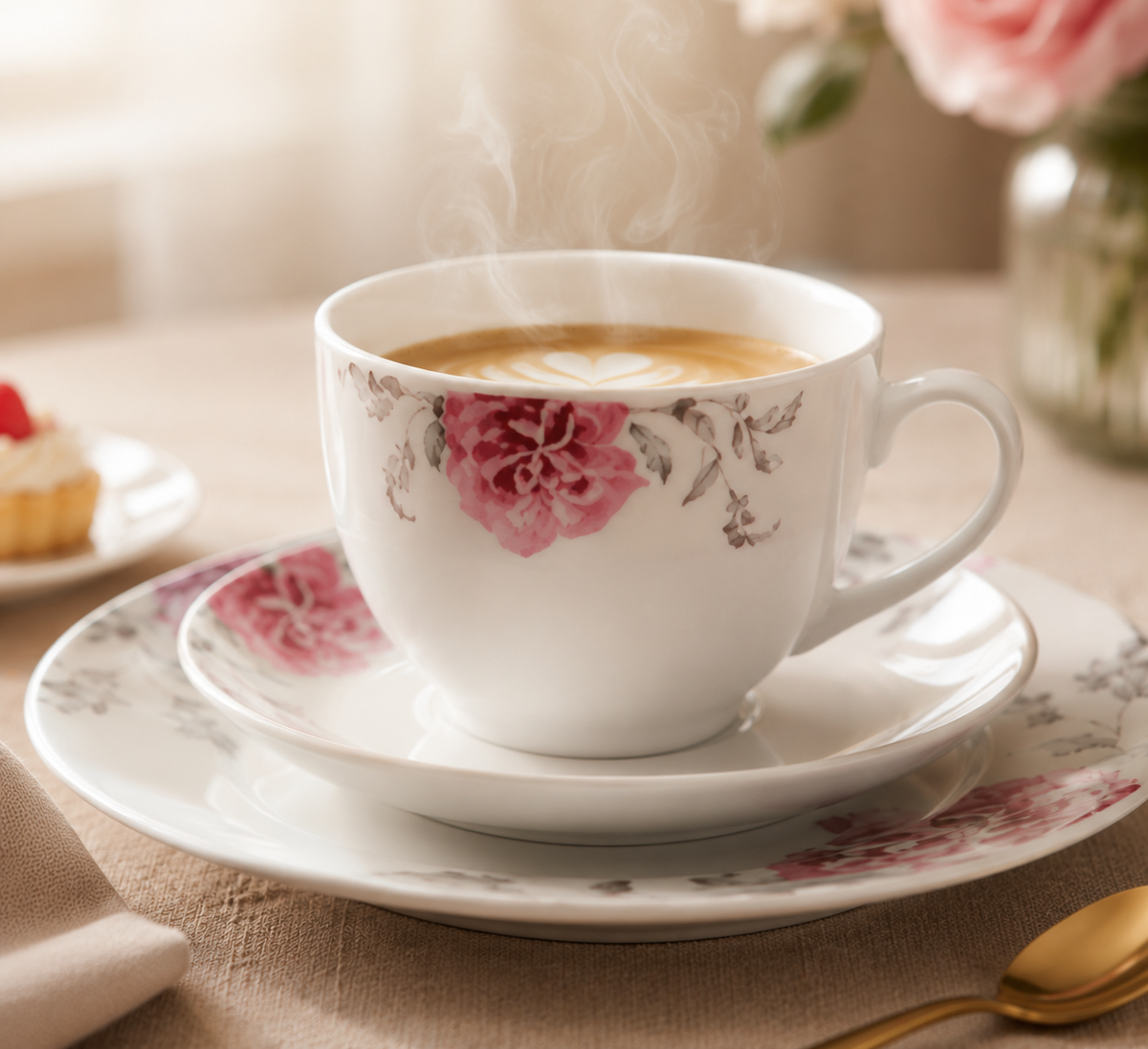 Arte Viva COMO Kaffeeservice 18tlg Porzellan 6 Personen Rosa Grau Blumen HA18
