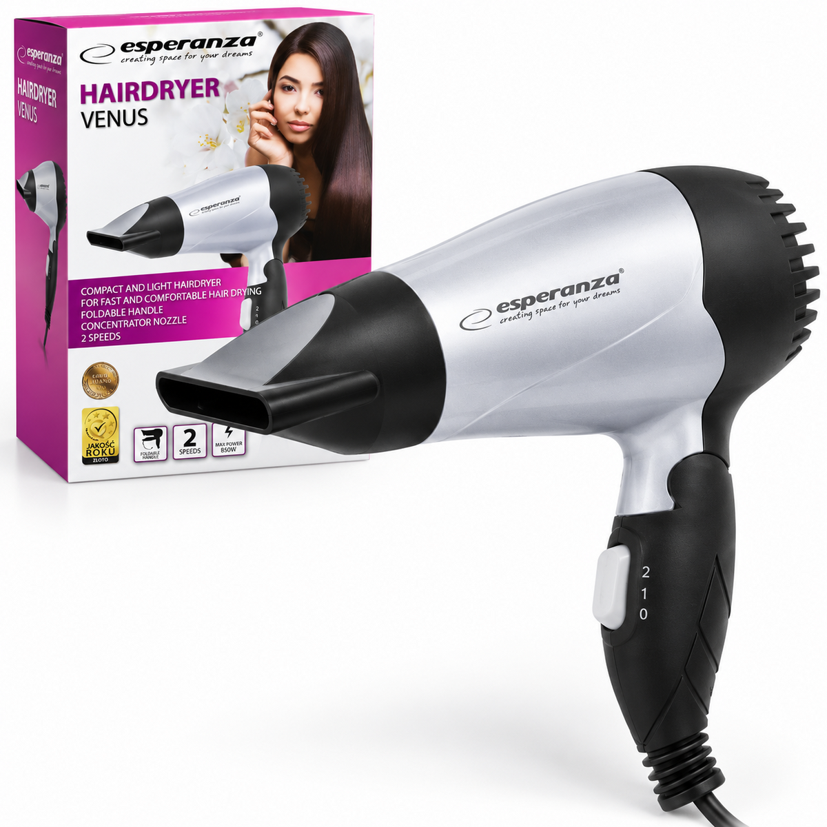 Esperanza Venus Haartrockner 850W Föhn Reiseföhn Klappgriff 2 Stufen EBH002S C1