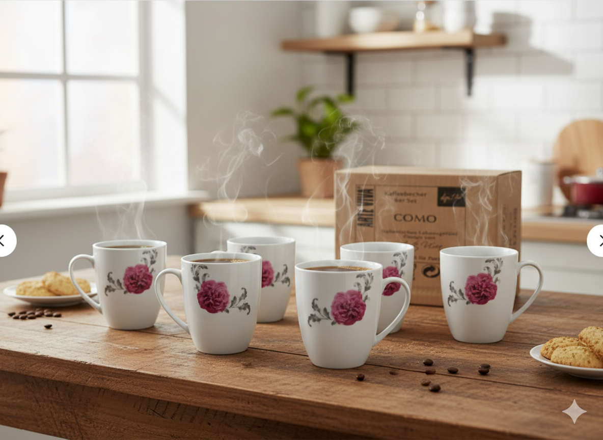 Arte Viva COMO Kaffeebecher 6er Set Porzellan Tassen Blumen Pink Grau HA18