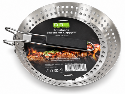 DR Home Division Grillpfanne gelocht 30 cm Edelstahl mit Klappgriff BBQ