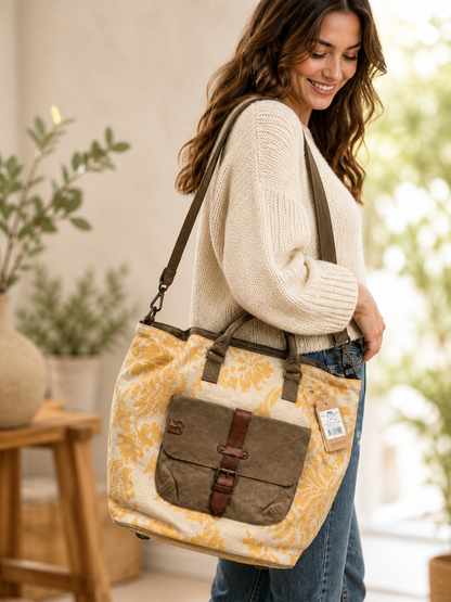 Desiderius Rika Tasche Yellow Canvas Olive Leather Handtasche Damen