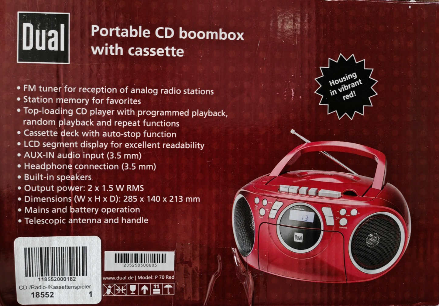 Dual P70 Kassettenradio CD Player UKW Boombox Stereo tragbar Rot A09