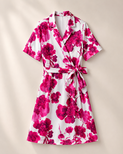 IN-PRINT Kleid Damen Gr. M Blätterdruck Polokragen 1/2 Arm Figurumspielend D3