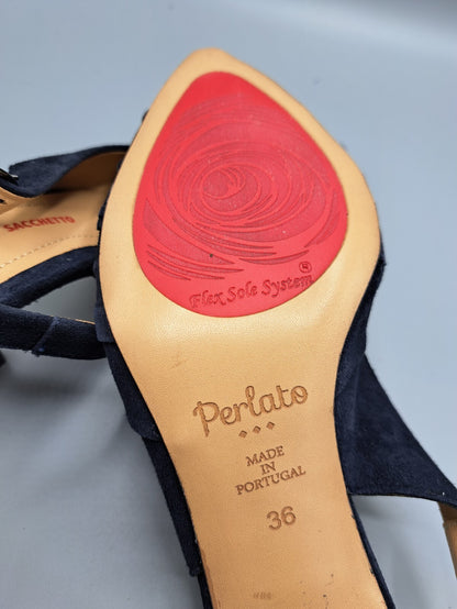 Perlato Damen Slingpumps Gr. 36 Dunkelblau Veloursleder Leder Pumps Elegant G1