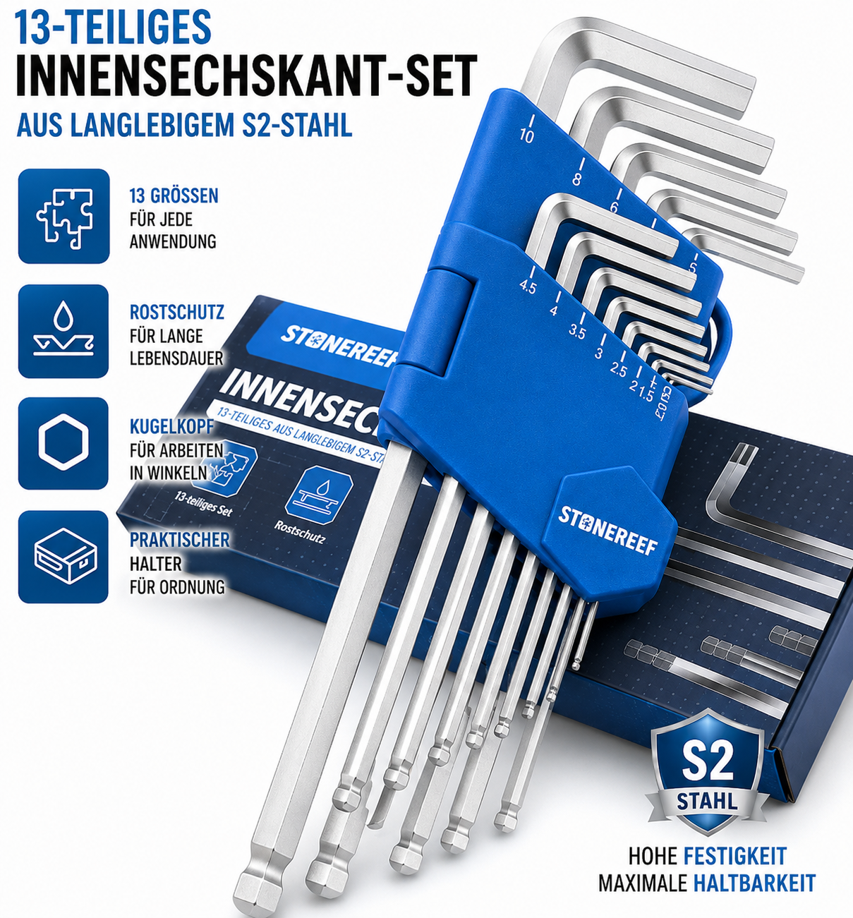 Innensechskantschlüssel Set 13tlg Chrom Kugelkopf 1,27-10mm Inbusschlüssel  A4