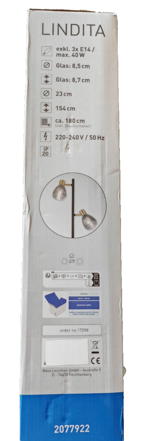 NÄVE Stehlampe Lindita 3-flammig Messing Matt Smokey Glas 3x E14 Stehleuchte F3