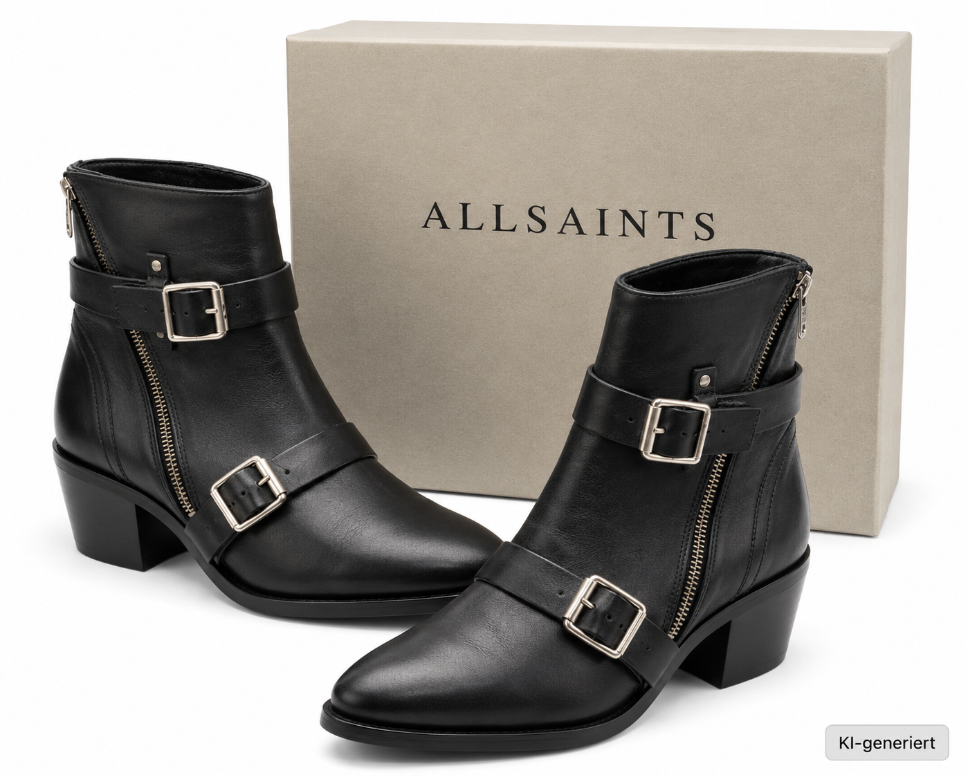 AllSaints Lior Damen Stiefeletten Leder Schwarz Zip Boots Schnallen Gr. 39 G1