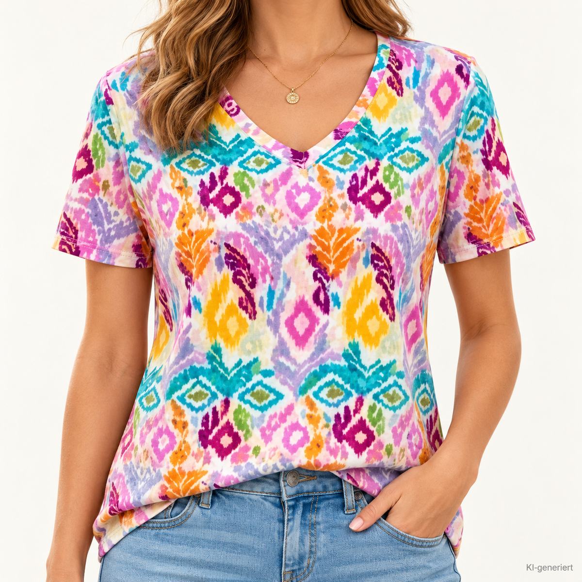 SOULS by EYWASOULS Damen Shirt Gr 42 Bunt Gemustert Kurzarm V-Ausschnitt