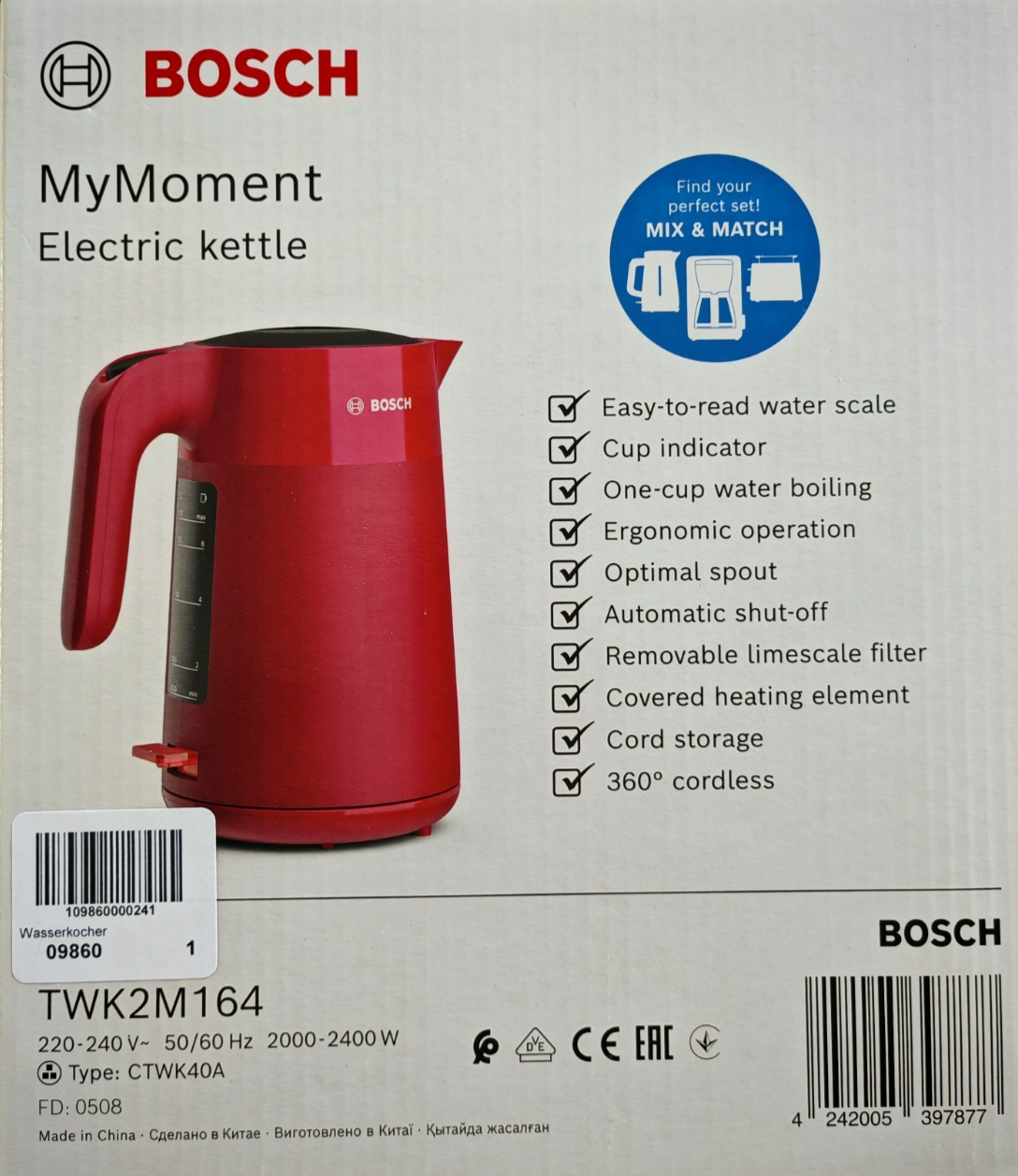 Bosch MyMoment TWK2M164 Wasserkocher 1,7L 2400W Rot matt Kalkfilter HOA5