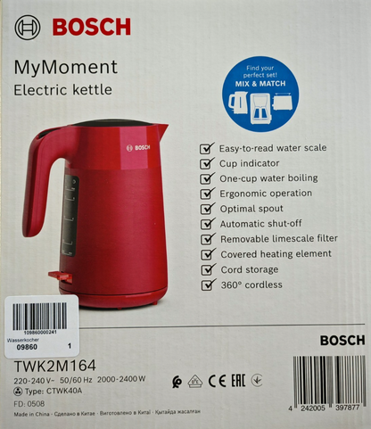 Bosch MyMoment TWK2M164 Wasserkocher 1,7L 2400W Rot matt Kalkfilter HOA5