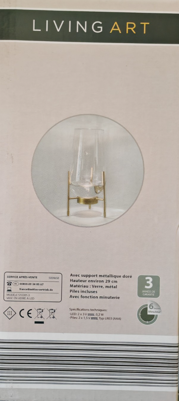 LIVING ART LED Glasvase 29cm Gold Metallständer Timer Deko Blumenvase HA33