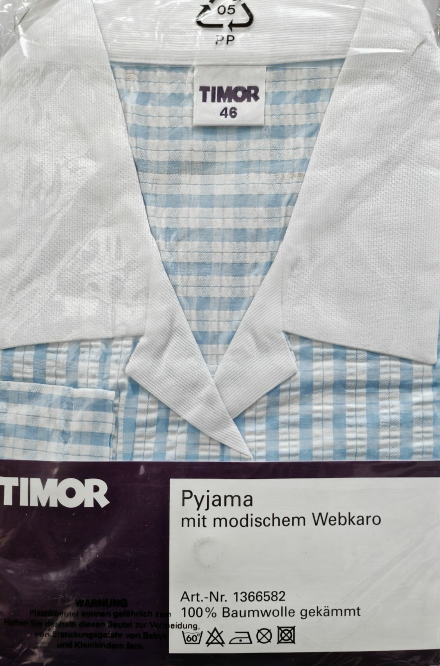 TIMOR Damen Pyjama Gr. 46 Blau Weiß Karo 100% Baumwolle Schlafanzug Lang G3