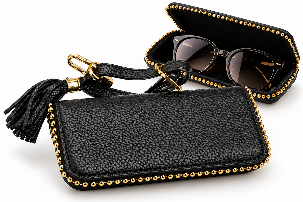 Damen Brillenetui Schwarz Umhängeband Quaste Gold Brillentasche Crossbody  PAL4