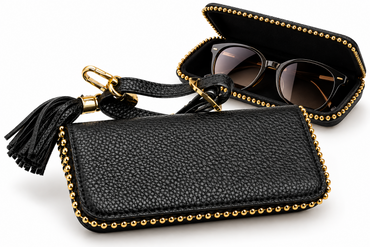 Damen Brillenetui Schwarz Umhängeband Quaste Gold Brillentasche Crossbody  PAL4