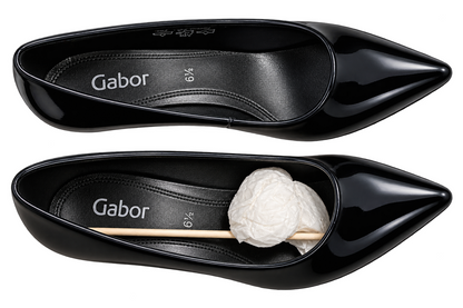 Gabor Damen Pumps Gr. 40 6,5 Schwarz Lack Spitz Blockabsatz Made in Portugal G1