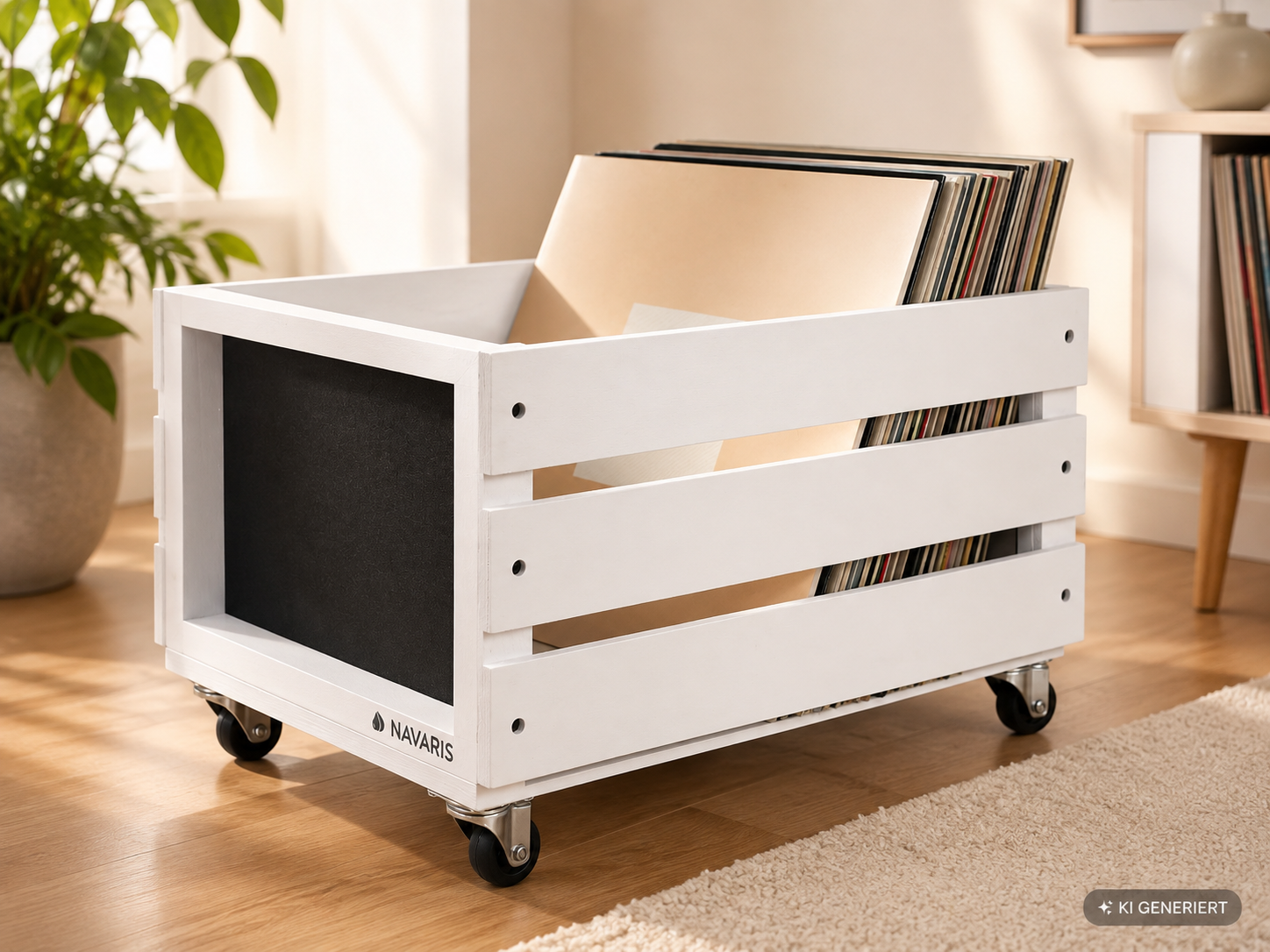 Navaris Schallplattenkiste Holz mit Rollen LP Aufbewahrung bis 80 Vinyl Weiß F4