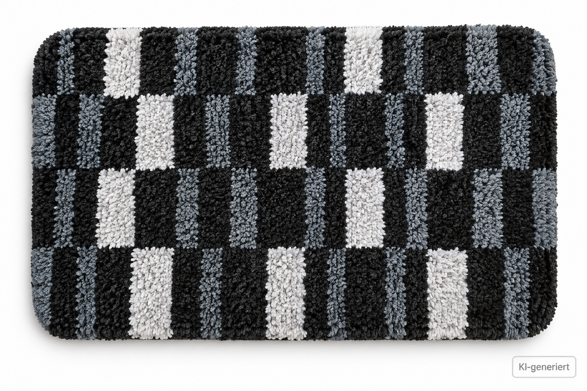 Hochflor Badteppich Badematte 42x78 cm Grau Schwarz Weiß Polyester Waschbar B7