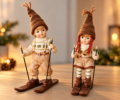 2er Set Skifahrer Figuren 25 cm Winterdeko Weihnachtsdeko Junge Mädchen B8