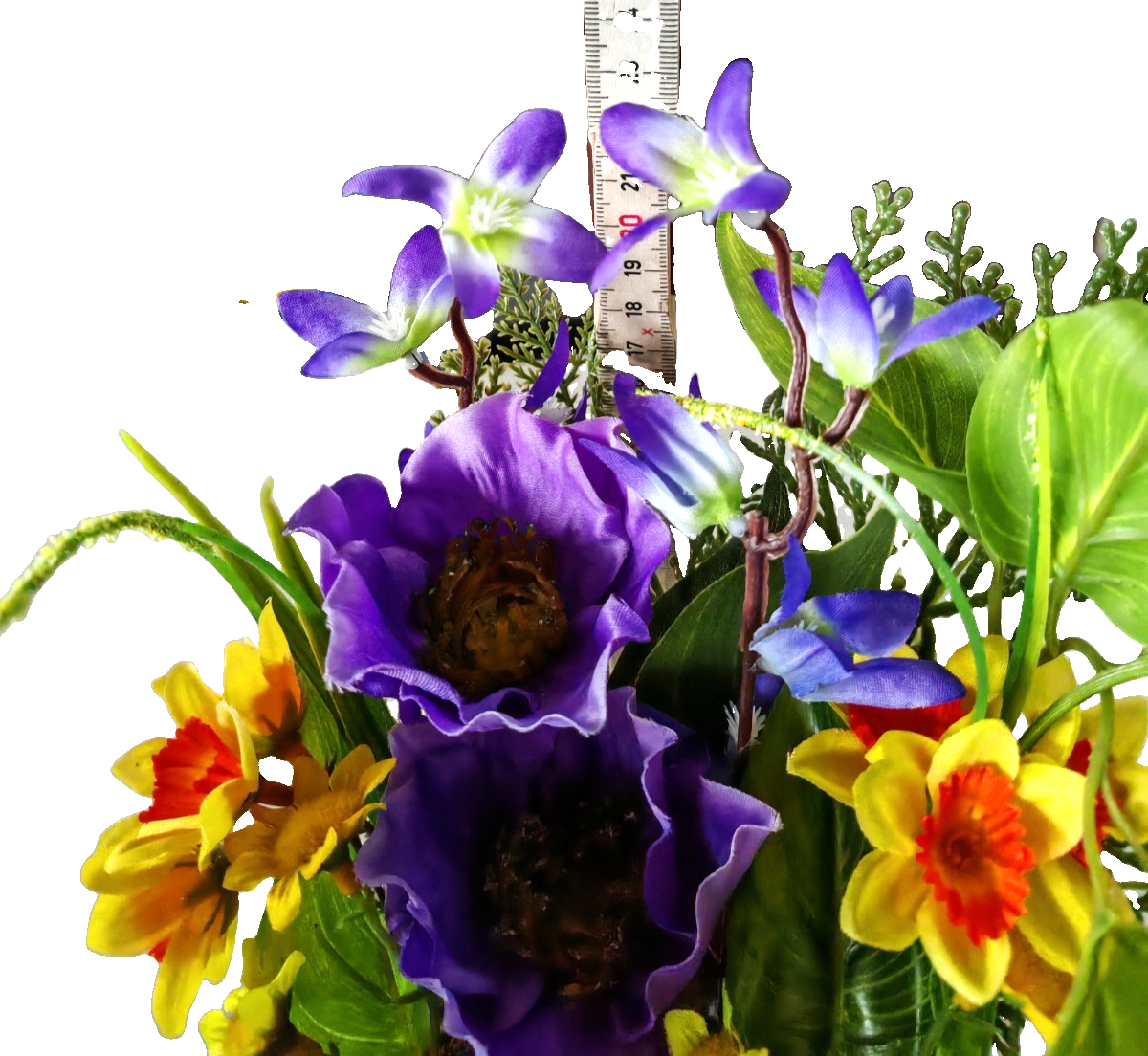 Künstliches Blumengesteck auf Baumstamm 24 cm Lila Gelb Kunstblumen Deko C6
