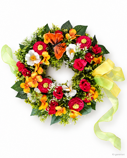 Türkranz Blumenkranz 25 cm Rot Orange Gelb Schmetterling Kunstblumen Deko A5