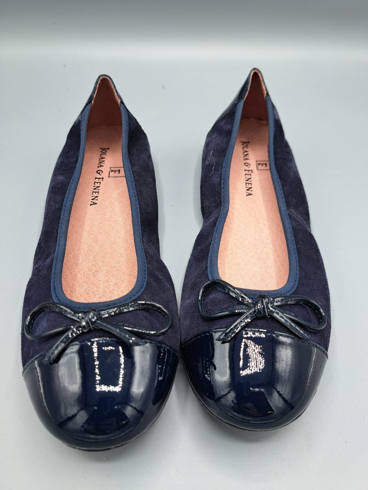 JOLANA & FENENA Damen Ballerinas Dunkelblau Leder Lack Schleife Schuhe G2
