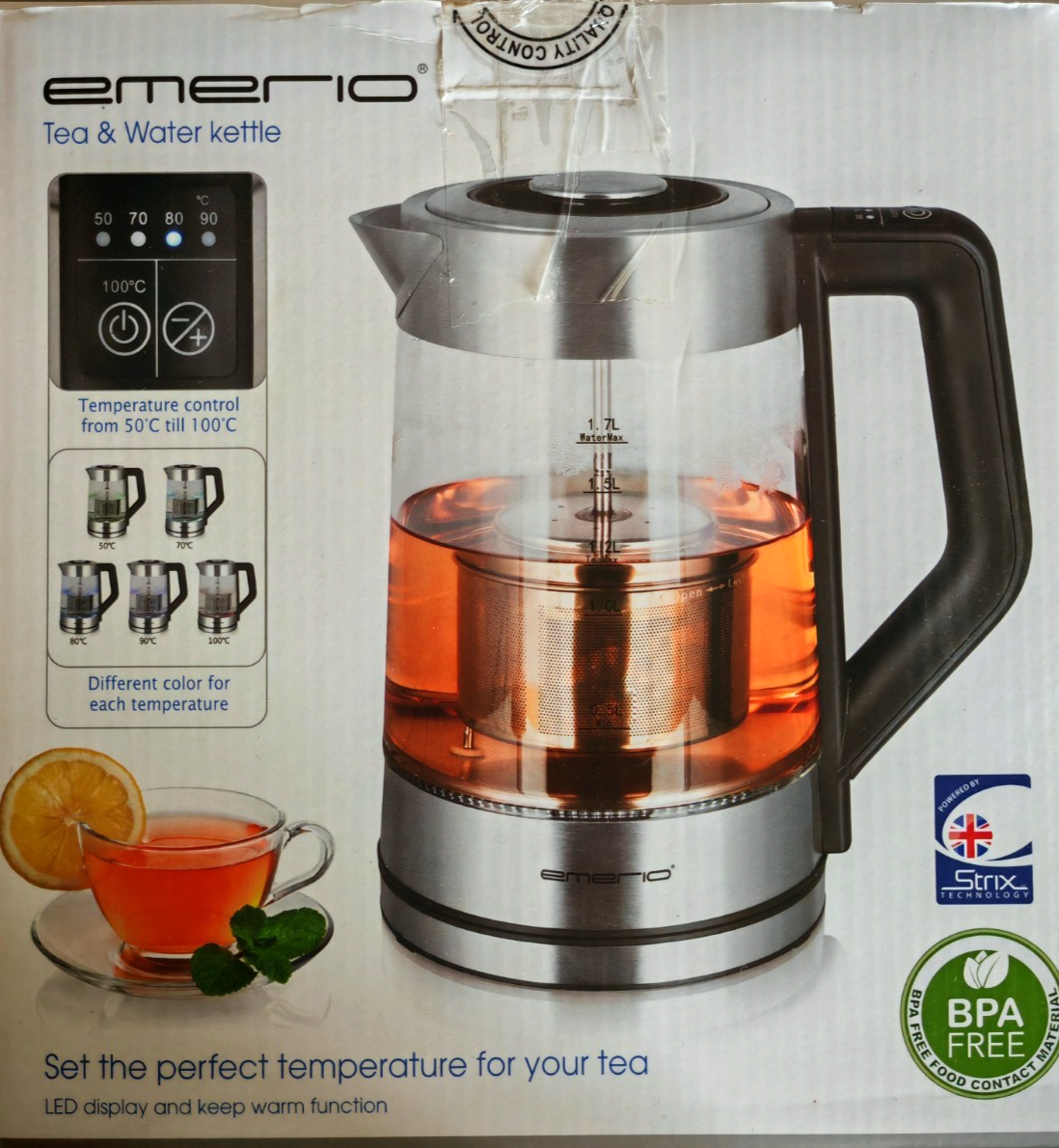 Emerio WK-122730 Glas Teekocher 1,7L Temperaturwahl Teesieb 2200W LED B03