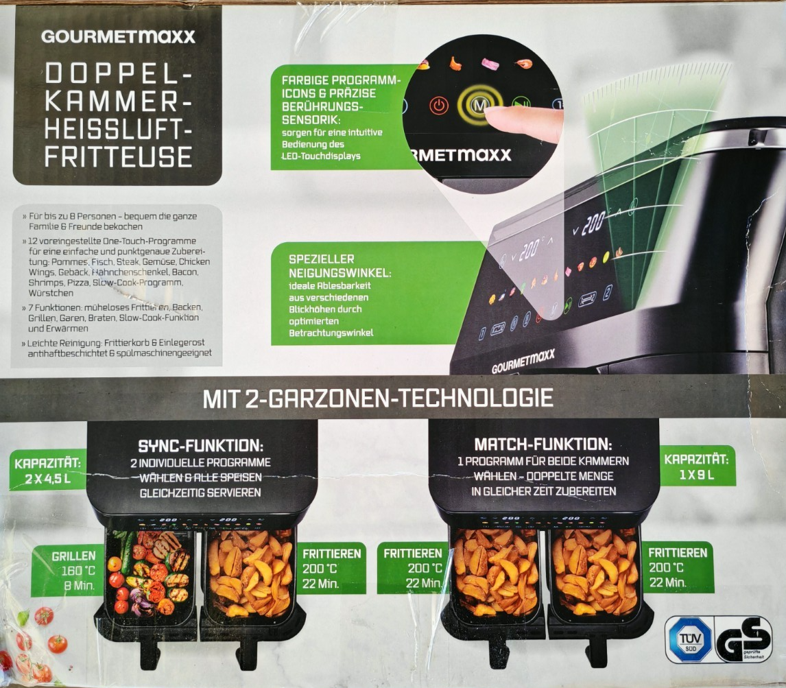 GOURMETmaxx Doppelkammer Heißluftfritteuse 2x4,5L Airfryer 12 Programme HO-A22