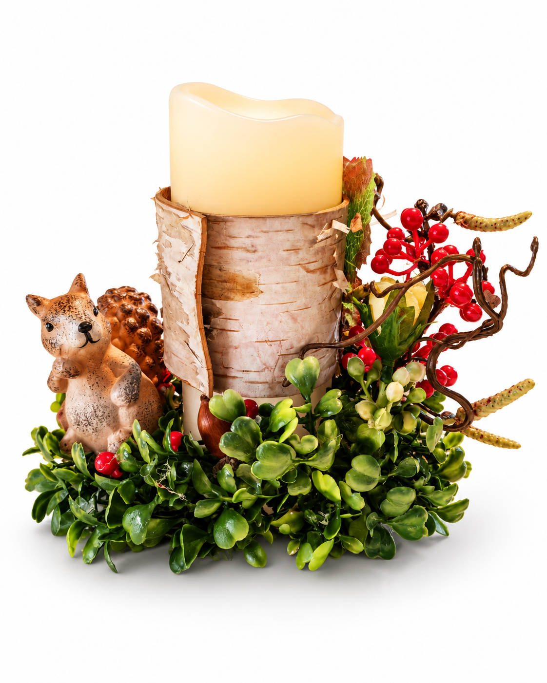 LED Kerze mit Eichhörnchen Herbstdeko Birkenholz Optik Tischdeko 13 cm E7