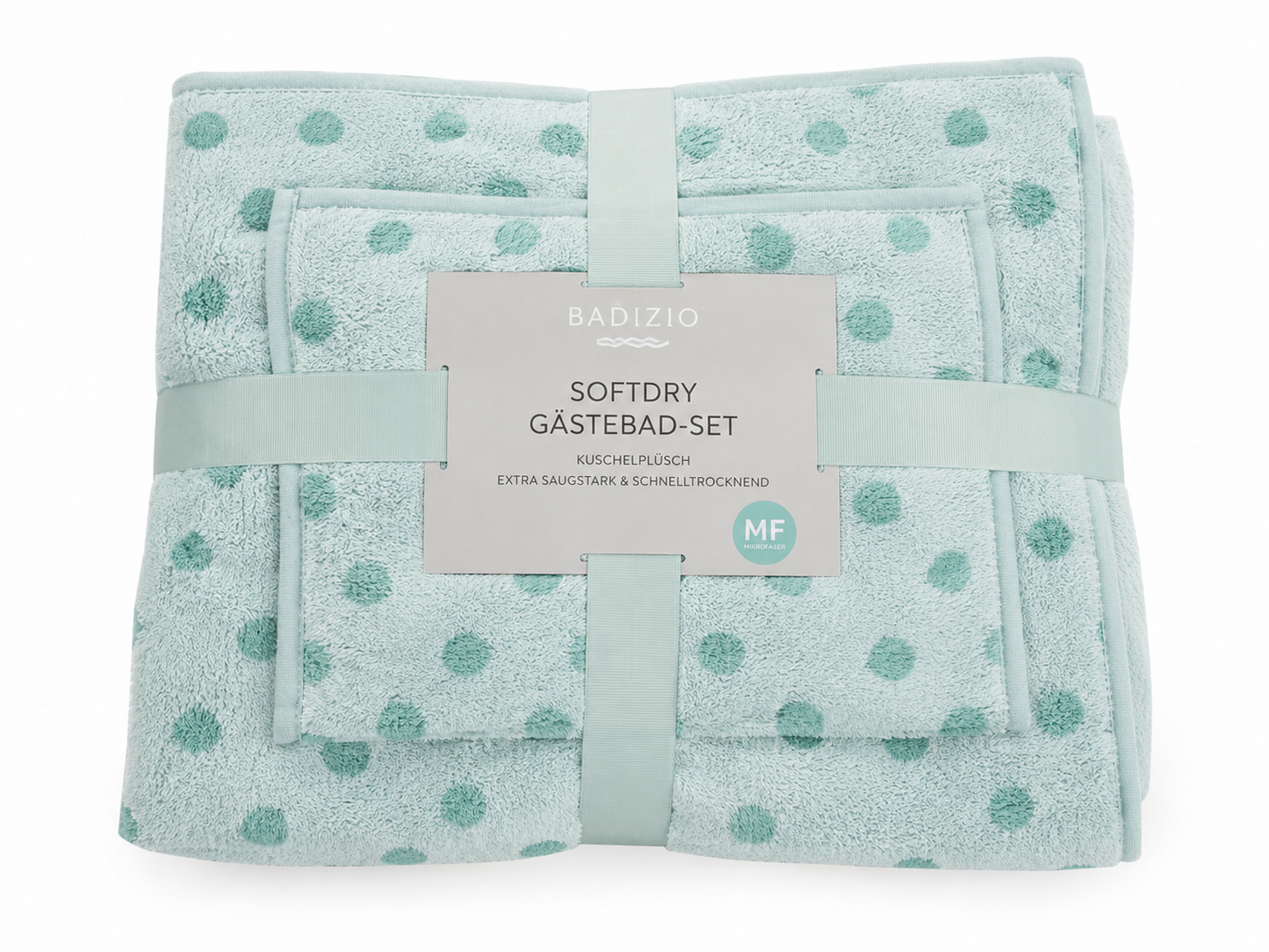 BADIZIO Softdry Gästebad Set Punkte MF Mikrofaser Kuschelplüsch Mint Türkis E4