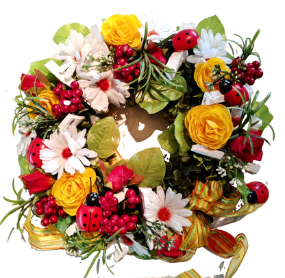 Türkranz Ranunkeln Marienkäfer Kunstblumen Frühlingskranz Sommerkranz Deko C1