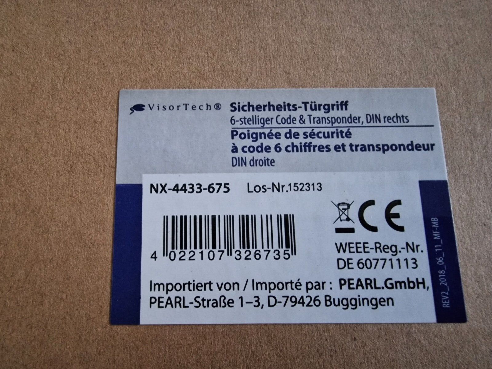 VisorTech Sicherheits-Türgriff, 6-stelliger Code & Transponder, DIN rechts