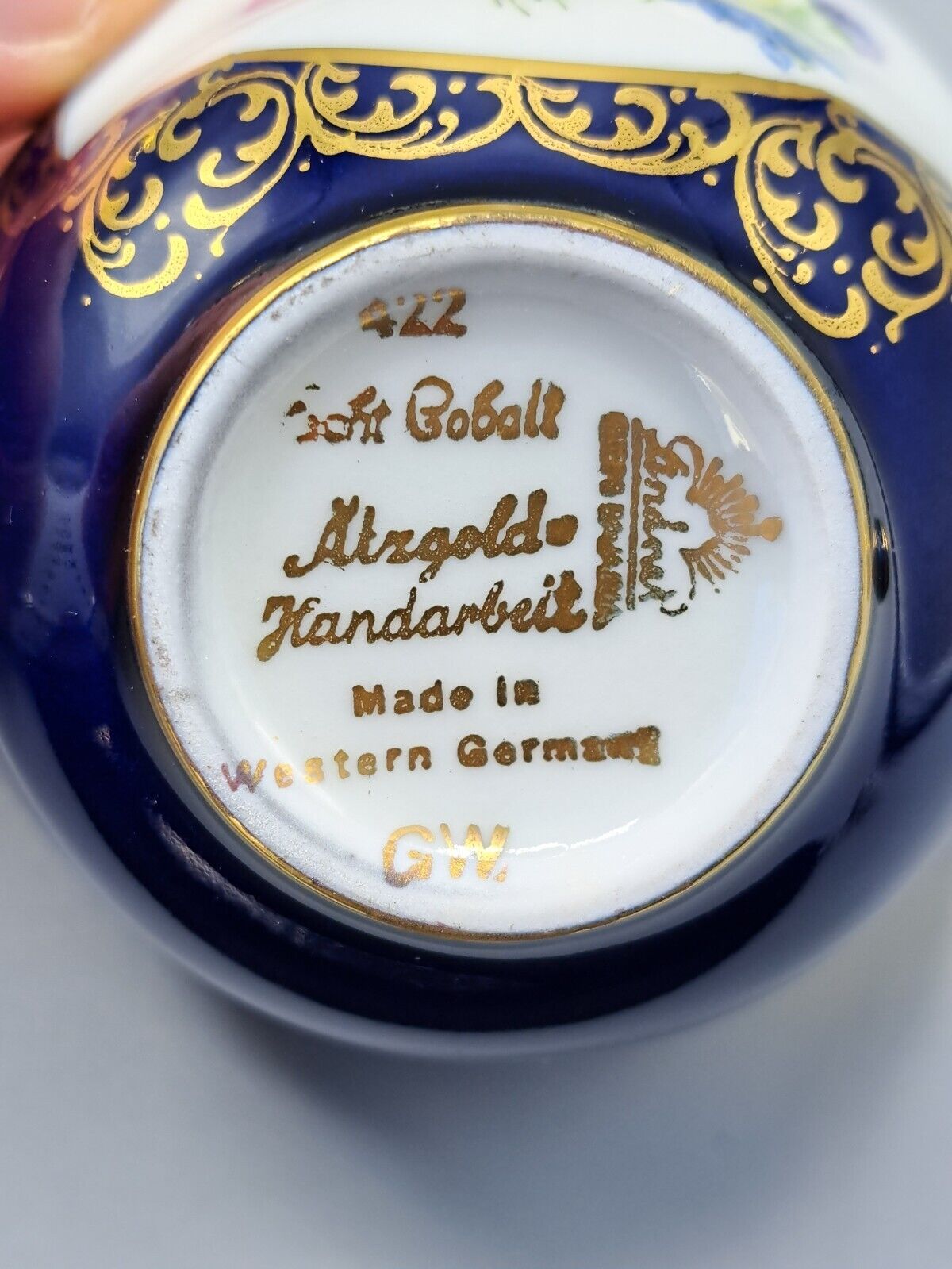 Lindner Porzellan, Soft Kobalt, Ätzgold, Handarbeit, 2er Tassen + Untertassen