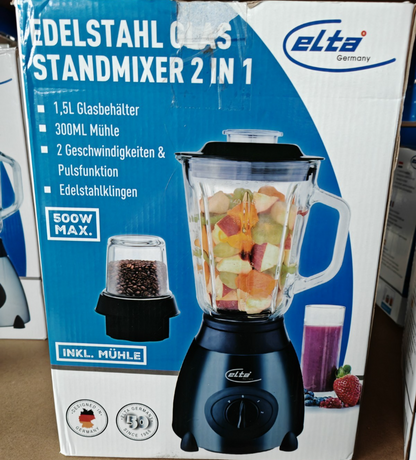 Elta Edelstahl Glas Standmixer 2in1 1,5 L inkl. 300 ml Mühle Küchenmixer