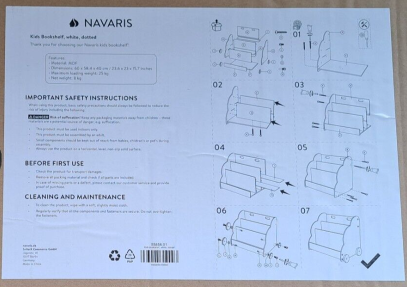 Navaris Kinder Bücherregal, Weiß, gepunktet