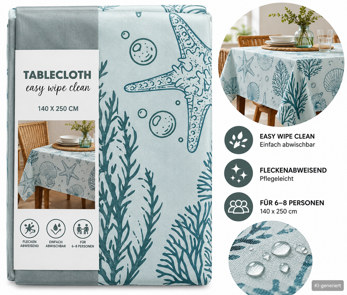 Tischdecke 140x250 cm Abwaschbar PVC Meeresmotiv Seestern Muscheln Beach E4