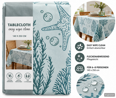 Tischdecke 140x250 cm Abwaschbar PVC Meeresmotiv Seestern Muscheln Beach E4