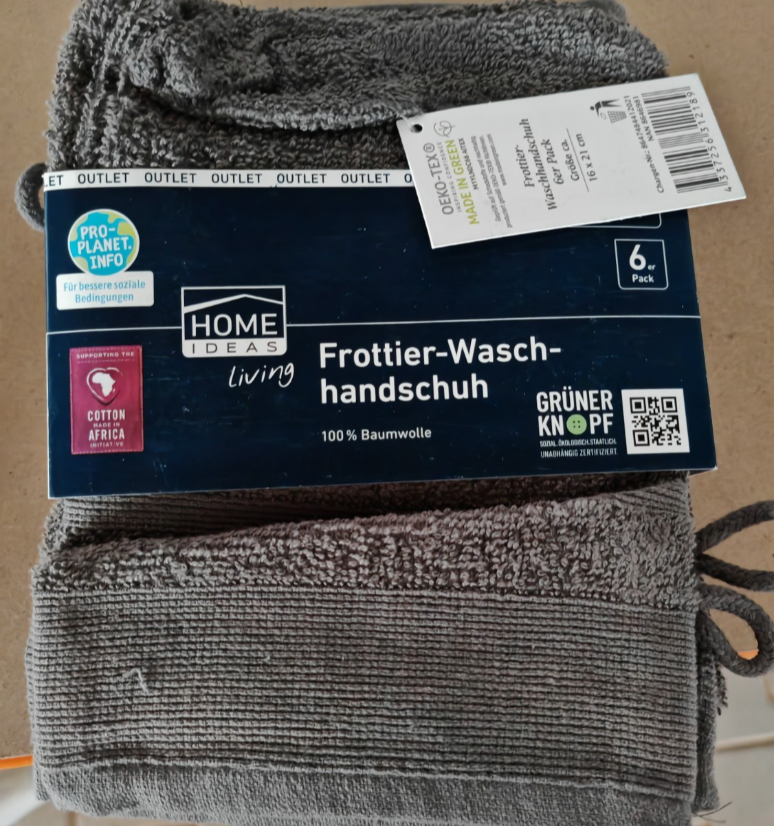 HOME IDEAS Living 6x Frottier Waschhandschuh 16x21 cm Baumwolle Grau E4