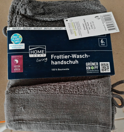HOME IDEAS Living 6x Frottier Waschhandschuh 16x21 cm Baumwolle Grau E4