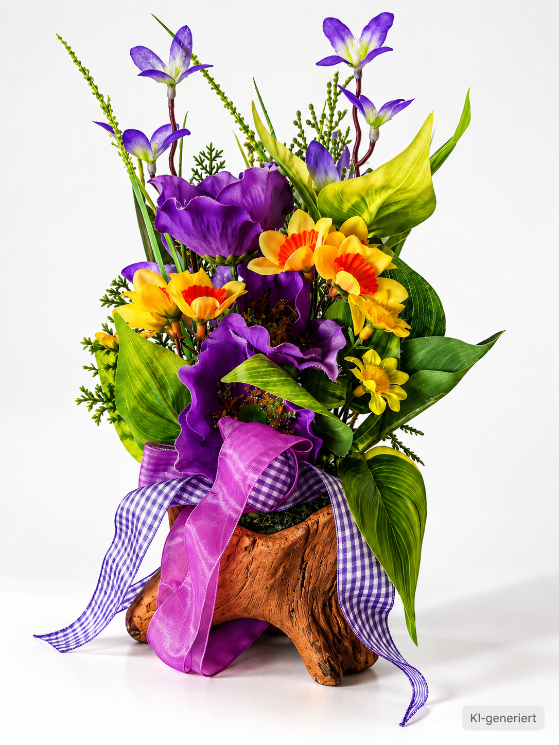 Kunstblumen Gesteck auf Baumstamm Lila Gelb Blumenarrangement Tischdeko B3