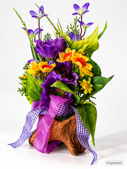 Kunstblumen Gesteck auf Baumstamm Lila Gelb Blumenarrangement Tischdeko B3